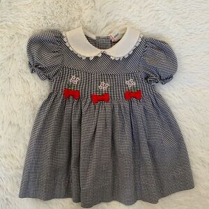 Adorable Navy Checkered Kids Dress with Red Bows